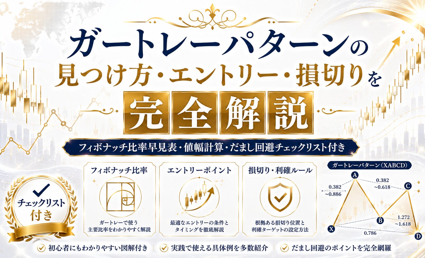 ガートレーパターンの見つけ方・エントリー・損切りを完全解説｜フィボナッチ比率早見表・値幅計算・だまし回避チェックリスト付き