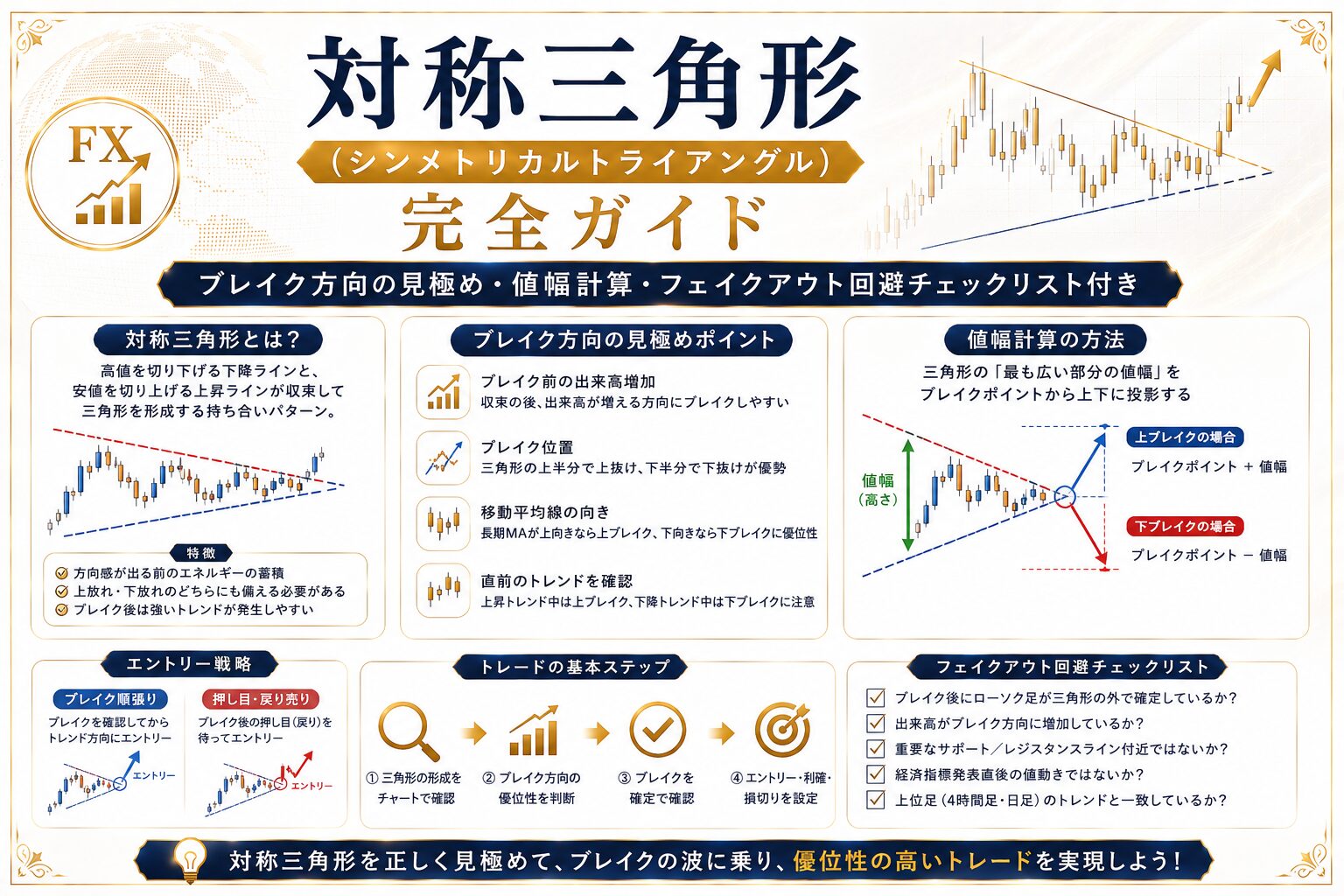 対称三角形（シンメトリカルトライアングル）完全ガイド｜ブレイク方向の見極め・値幅計算・フェイクアウト回避チェックリスト付き